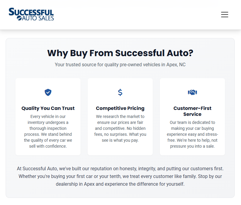 Why Buy From Us section on vehicle detail pages helps convert car shoppers
